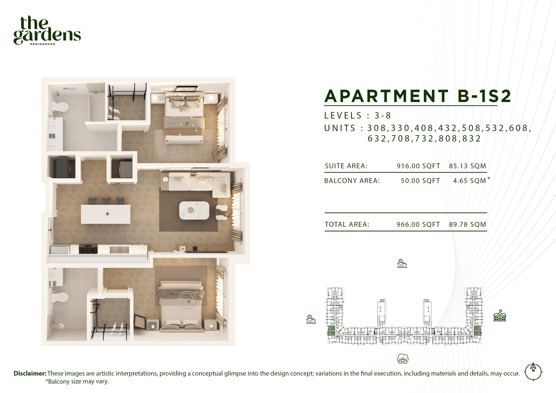 Apartment B1-G floor plan — 2 bedroom ground level, 960 sqft