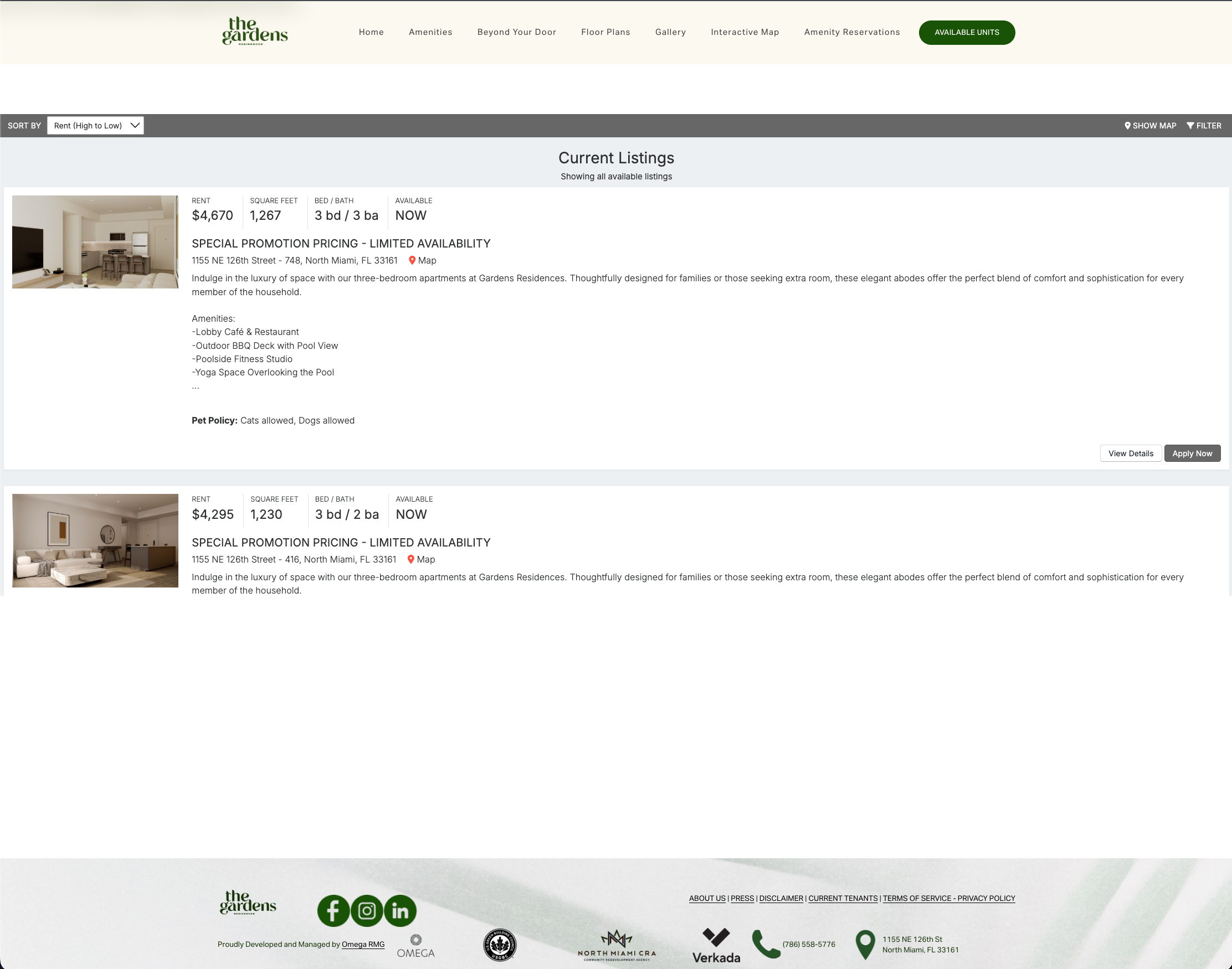 The Gardens Residences consumer portal showing live unit listings, AppFolio integration, and direct-to-lease conversion pipeline